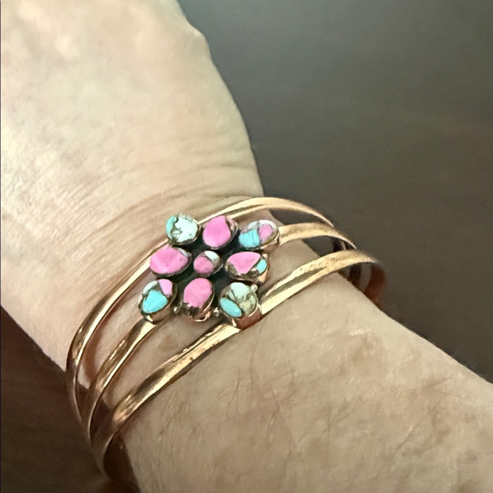 Copper Cotton Candy Turquoise Flower Cuff Bracelet NWOT - Picture 3 of 4